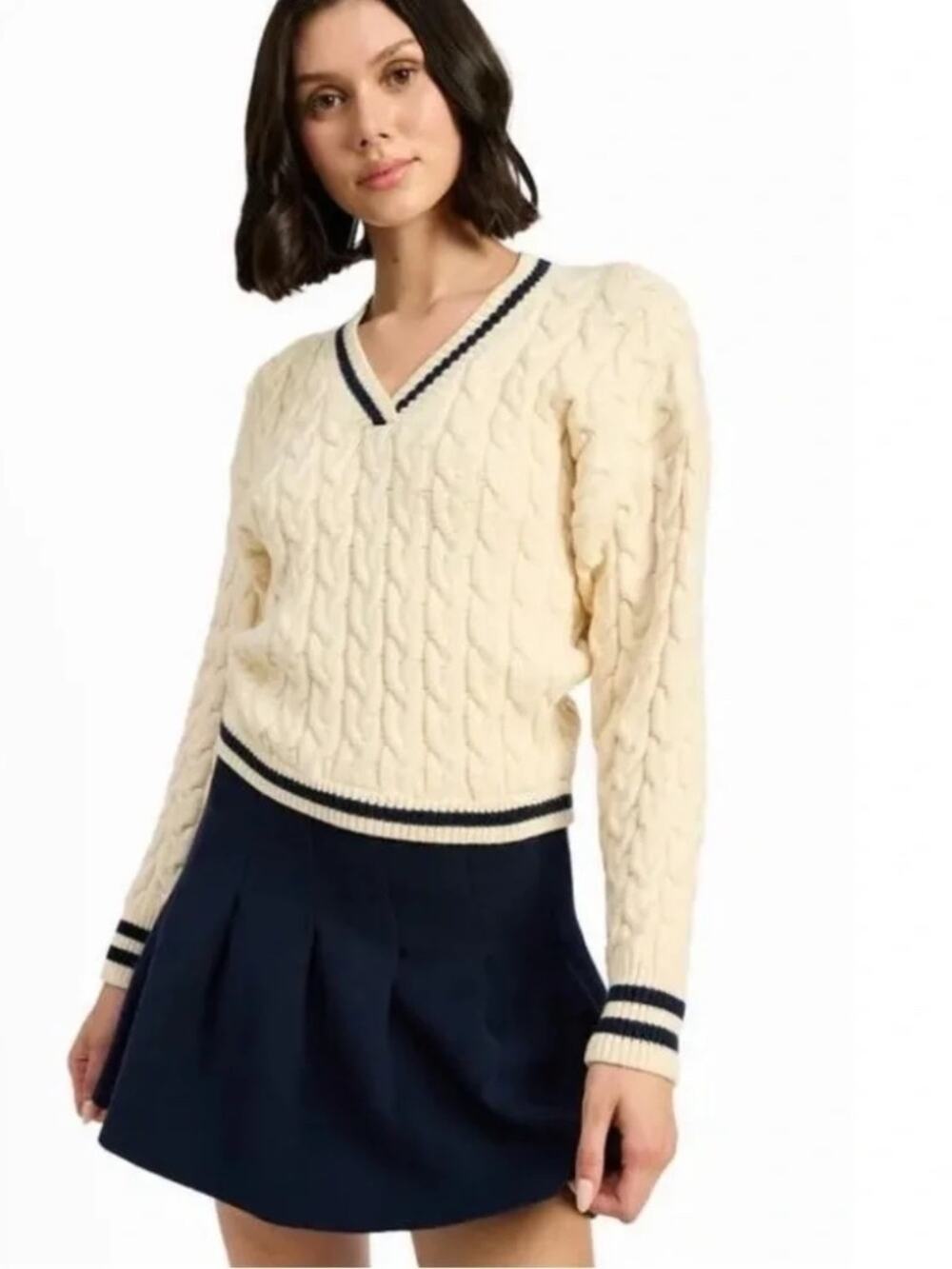 EN SAISON Collegiate Pleated Long Sleeve Cable Stitch Mini Sweater Dress L NWT